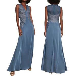BCBGMaxAzria Blue Floor Length Gown Lace Panel Formal Maxi Dress …